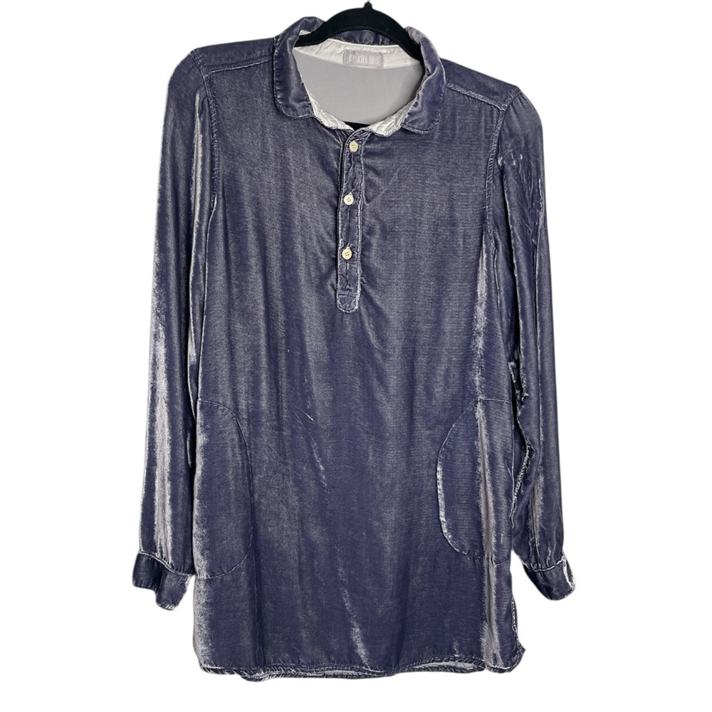 CP Shades Purple Velvet 1/4 Button Down Rayon & Silk Pocket Tunic Top, size S